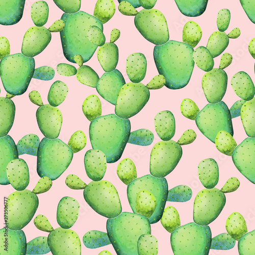 Watercolor cactus design. Seamless tropical pattern with exotic cactus plants on pink background