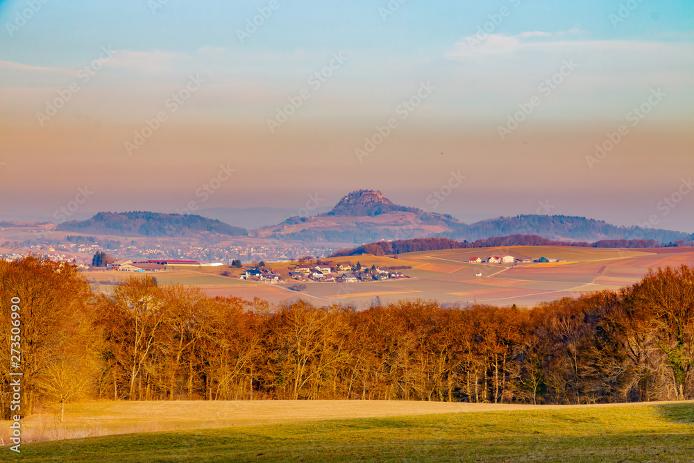 View of a central European landscape with the volcanic region of Hegau in the south of Baden-Württemberg, southern Germany
