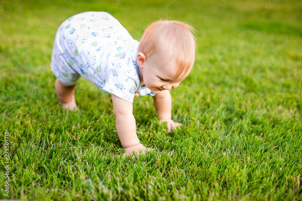 Summer portrait of happy funny baby boy outdoors on grass in field. Child learning to crawl Summer portrait of happy funny baby boy outdoors on grass in field. Child learning to crawl