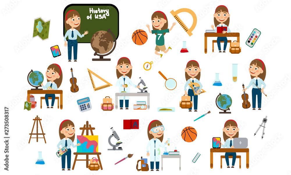 Set girl with hair decoration. Student in different lessons: science, history, sports, art, maths, English, information technology, music. Conducting experiments. Cute vector