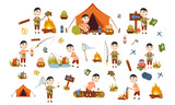 Set a asian boy tourist on nature. Camping. Fishing ,, overnight in picnic mushrooms, fun and relaxation. Children's camp. Scouts. Cute Vector Illustration