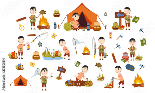 Set a asian boy tourist on nature. Camping. Fishing ,, overnight in picnic mushrooms, fun and relaxation. Children's camp. Scouts. Cute Vector Illustration © AnnstasAg