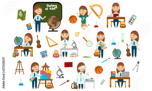 Set girl with hair decoration. Student in different lessons  science  history  sports  art  maths  English  information technology  music. Conducting experiments. Cute vector