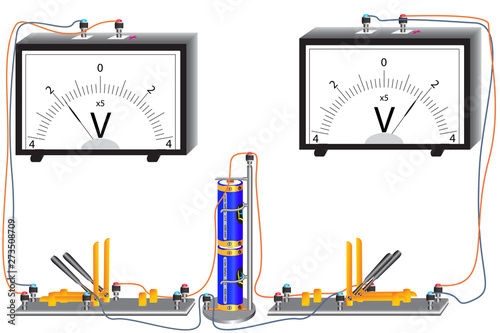Physical experiment that demonstrates the direction of the current, the result - the direction of movement of the arrow of the voltmeter depends on the direction of the current in the circuit. photo