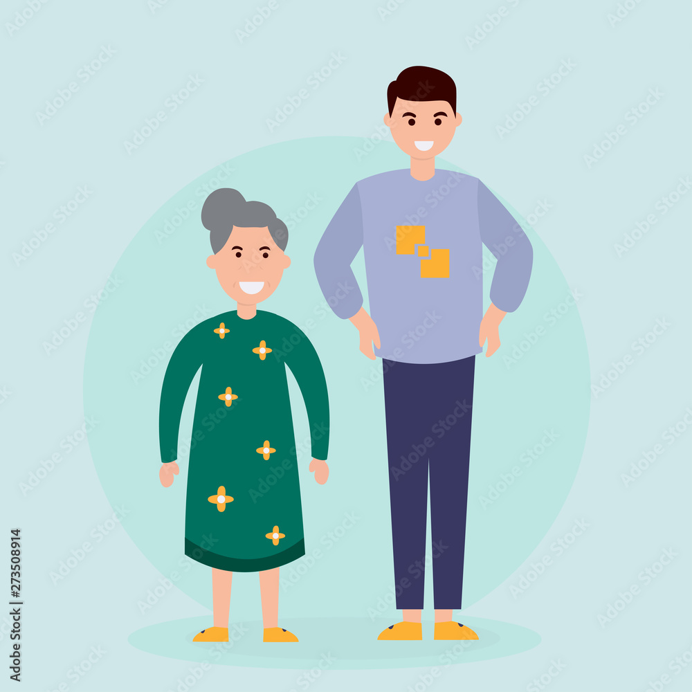 Fototapeta premium Grandmother with her son. Vector illustration of a flat design