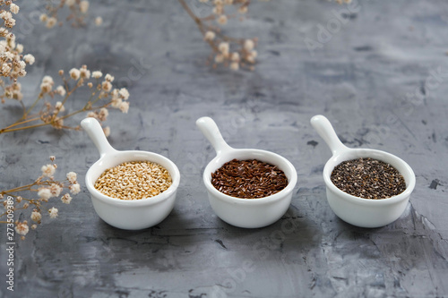 Chia seeds, flax seeds, quinoa groats. Healthy food, diet, detox.