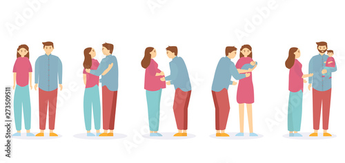 Set of characters showing the stages of development of the family. couple, hug couple, husband holds pregnant wife. Mother, father, daughter and son. Vector illustration in a flat style 