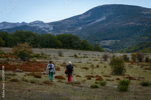 Two man walking on the mountain of Palencia. Spain