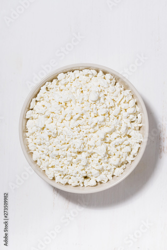 bowl of fresh farm cottage cheese on a white background, vertical top view