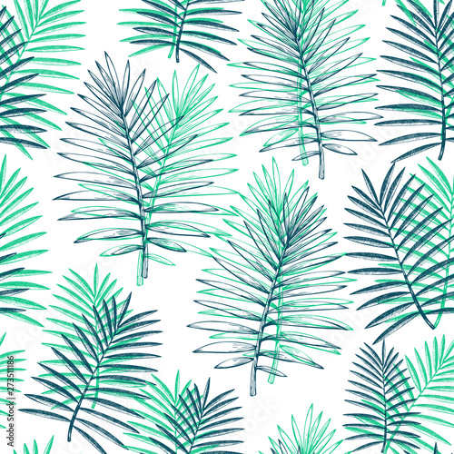 Tropical plants seamless pattern. Hand drawn tropical summer exotic leaves. Jungle leaves  palm leaves engraved style. Retro background