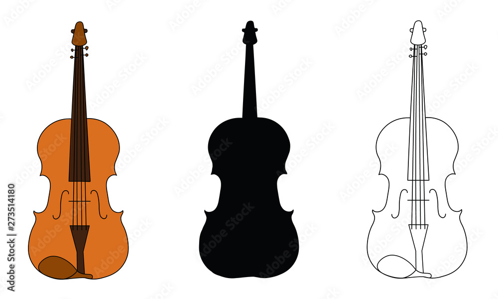 Line drawing, black silhouette, and color illustration of viola outline  classical contour wind musical instrument isolated on a white background.  For student education, illustration for dictionary mus vector de Stock |  Adobe
