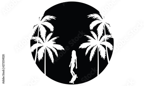 Summer vibes black and white silhouette emblem illustration of a skate girl on a board on a white palm  background