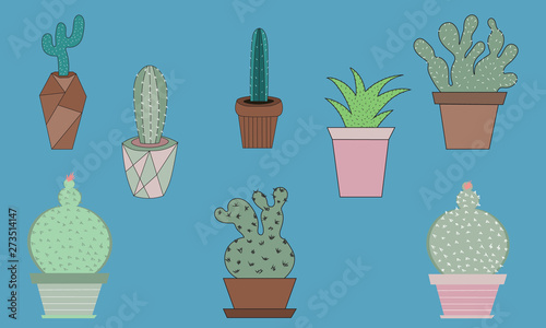 Set of colored cactuses in pots isolated on a blue background