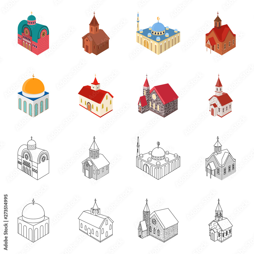 Vector illustration of temple and historic icon. Set of temple and faith vector icon for stock.