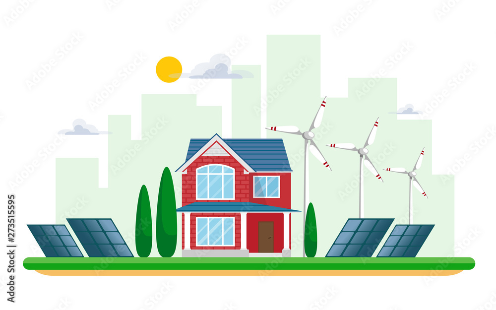 Vector illustration of clean electric energy from renewable sources of sun and wind on white. Power plant buildings with solar panels and wind turbines on a cityscape cityscape and country houses