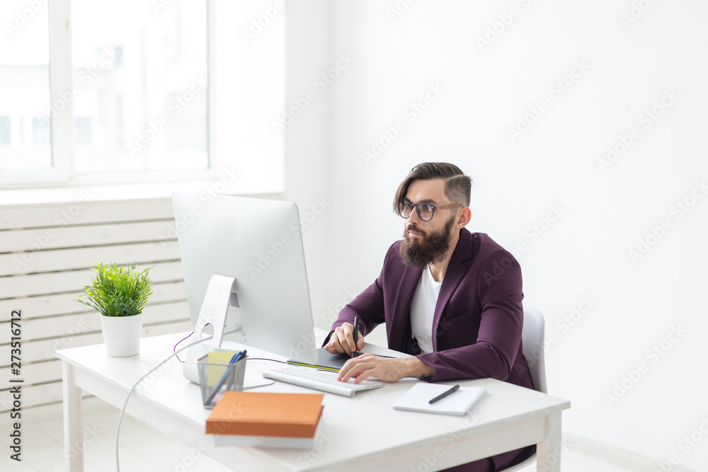 People, designer and technology concept - Man illustrator with thoughtful look, working environment