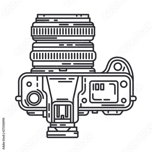 Line vector icon with digital slr professional camera. Photography art. Megapixel photocamera. Cartoon style illustration, element design. Photographic lens. Snapshot equipment. Digital photo studio.