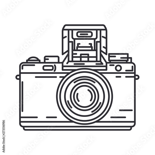 Line vector icon with digital slr professional camera. Photography art. Megapixel photocamera. Cartoon style illustration, element design. Photographic lens. Snapshot equipment. Digital photo studio.