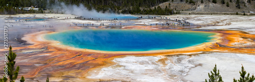 Yellowstone, USA - June 6, 2019: Panarama of the grand prismatic spring Basin in Yellowstone National Park, Wyoming