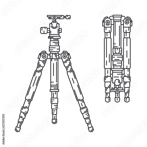 Line vector icon set digital photographer professional equipment. Photography art. Photographic camera precast compact tripod. Cartoon style illustration, element design. Snapshot photo studio lens.