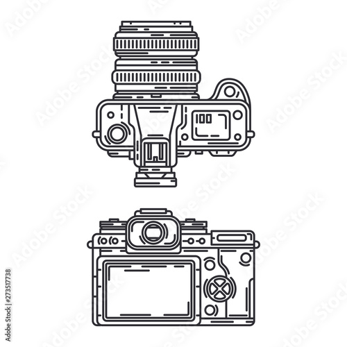 Line vector icon set digital slr professional camera. Photography art. Megapixel photocamera. Cartoon style illustration, element design. Photographic lens. Snapshot equipment. Digital photo studio.