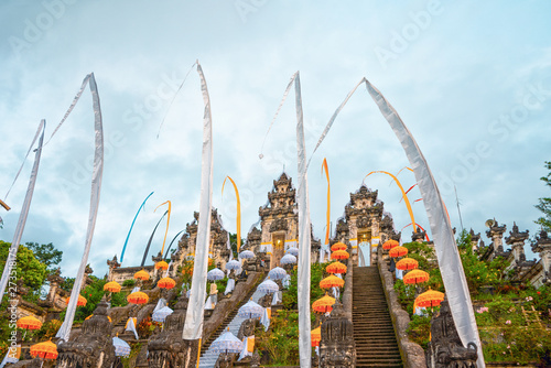 View from the bottom up to the Bali temple complex, decorated for the holiday Galungan. Bali, Indonesia photo