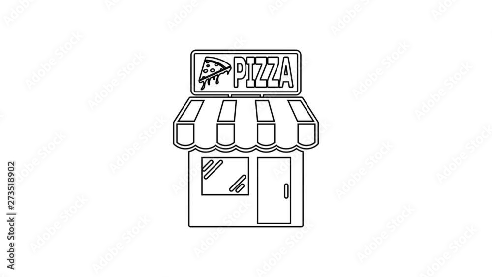 Black Pizzeria building facade line icon on white background. Fast food pizzeria kiosk. 4K Video motion graphic animation