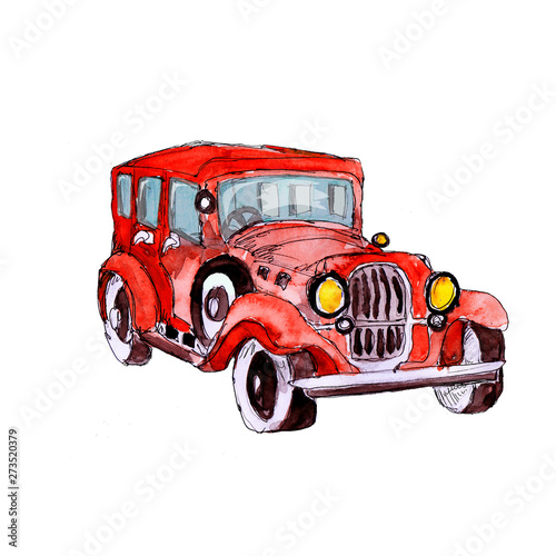 Watercolor hand drawn artistic colorful retro vintage car isolated on white baclground