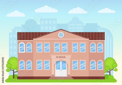 School building exterior. Vector. Schoolhouse front view. Facade of education building on cityscape background. University, college icon. Cartoon flat illustration. Street architecture.