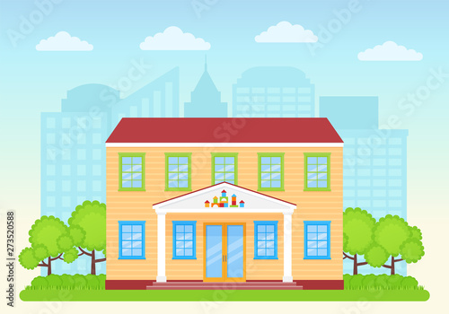 Kindergarten exterior. Vector. Preschool building front view on landscape background. Facade of education building. Nursery school icon. Cartoon flat illustration. Street architecture.