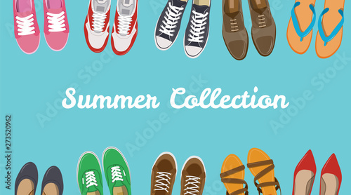 Men's and Women's shoes background. Shoes icons. Sneakers and Slippers collection. Vector