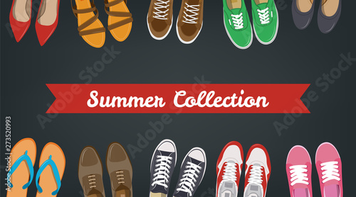 Men's and Women's shoes background. Shoes icons. Sneakers and Slippers collection. Vector