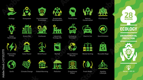 Ecology green icon set on a black background with ecological city, eco technology, renewable energy, environmental protection, sustainable development, nature conservation and climate change symbols.