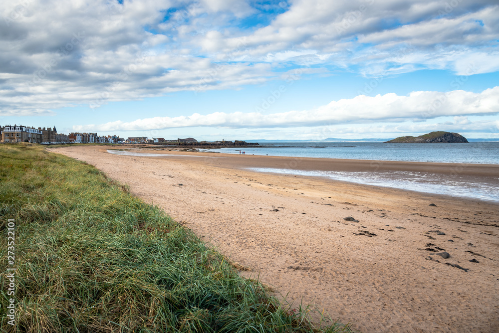 Beautful sandy beach along the east coast of Scotland on a sunny autumn day