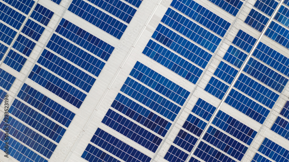 The top view of the solar cells on the roof taken with the drones The top view of the solar cells on the roof taken with the drones