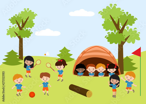 Kids summer camp education advertising flyer template with illustration of children outdoors doing activities on camping. Child playing tennis, football and sitting in tent. Vector cartoon characters.