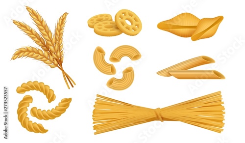 Realistic macaroni. Italian pasta types, noodles spaghetti fusilli wheat food, 3D different dry macaroni set. Vector isolated objects set