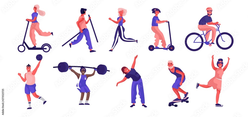 Cartoon people sport activities. Trendy flat characters running riding playing and doing workout. Vector illustration happy training persons set Cartoon people sport activities. Trendy flat characters running riding playing and doing workout. Vector illustration happy training persons set