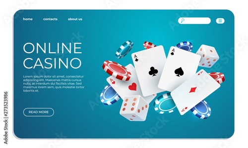 Online casino. Web landing page template for internet poker game. Vector gambling illustration flying poker cards, chips game elements