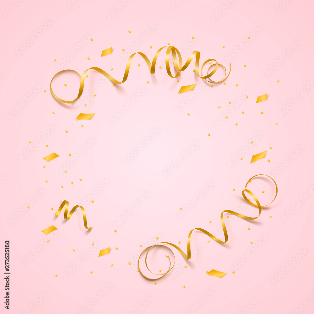 Vector celebration template with serpentine and confetti and carnival ribbon on light pink background. Holiday backgrop.