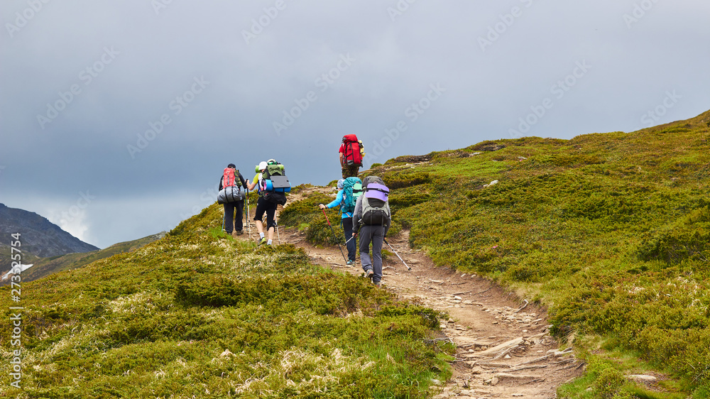Obraz premium The group of hikers walking in mountains