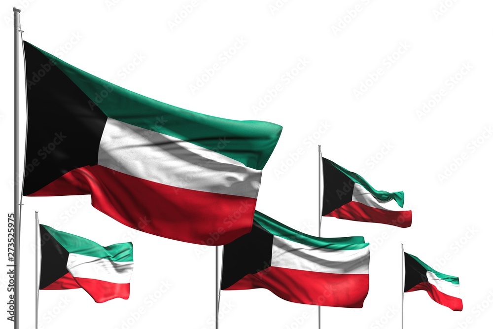 wonderful five flags of Kuwait are wave isolated on white - any occasion flag 3d illustration.. wonderful five flags of Kuwait are wave isolated on white - any occasion flag 3d illustration..