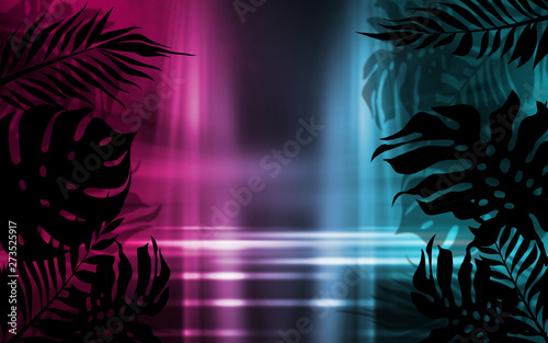 Background of empty dark scenes with neon lights and shapes  smoke. Silhouettes of tropical palm leaves in the foreground. Bright futuristic abstract background