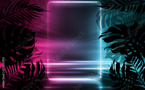 Background of empty dark scenes with neon lights and shapes, smoke. Silhouettes of tropical palm leaves in the foreground. Bright futuristic abstract background
