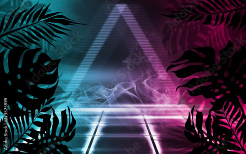 Background of empty dark scenes with neon lights and shapes, smoke. Silhouettes of tropical palm leaves in the foreground. Bright futuristic abstract background