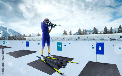Biathlon. Skier biathlon champion. Winter Olympic sports.