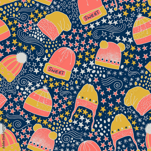 Winter Woolen Beanies and Stars Seamless Vector Pattern