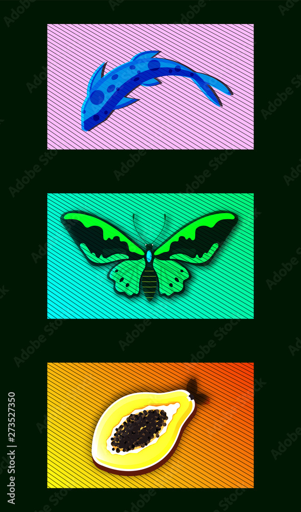 Φωτογραφία Set of isolated card with different images: blue carp, green butterfly, yellow papaya, colorful images for graphic design, invitations, cards, posters, web and more