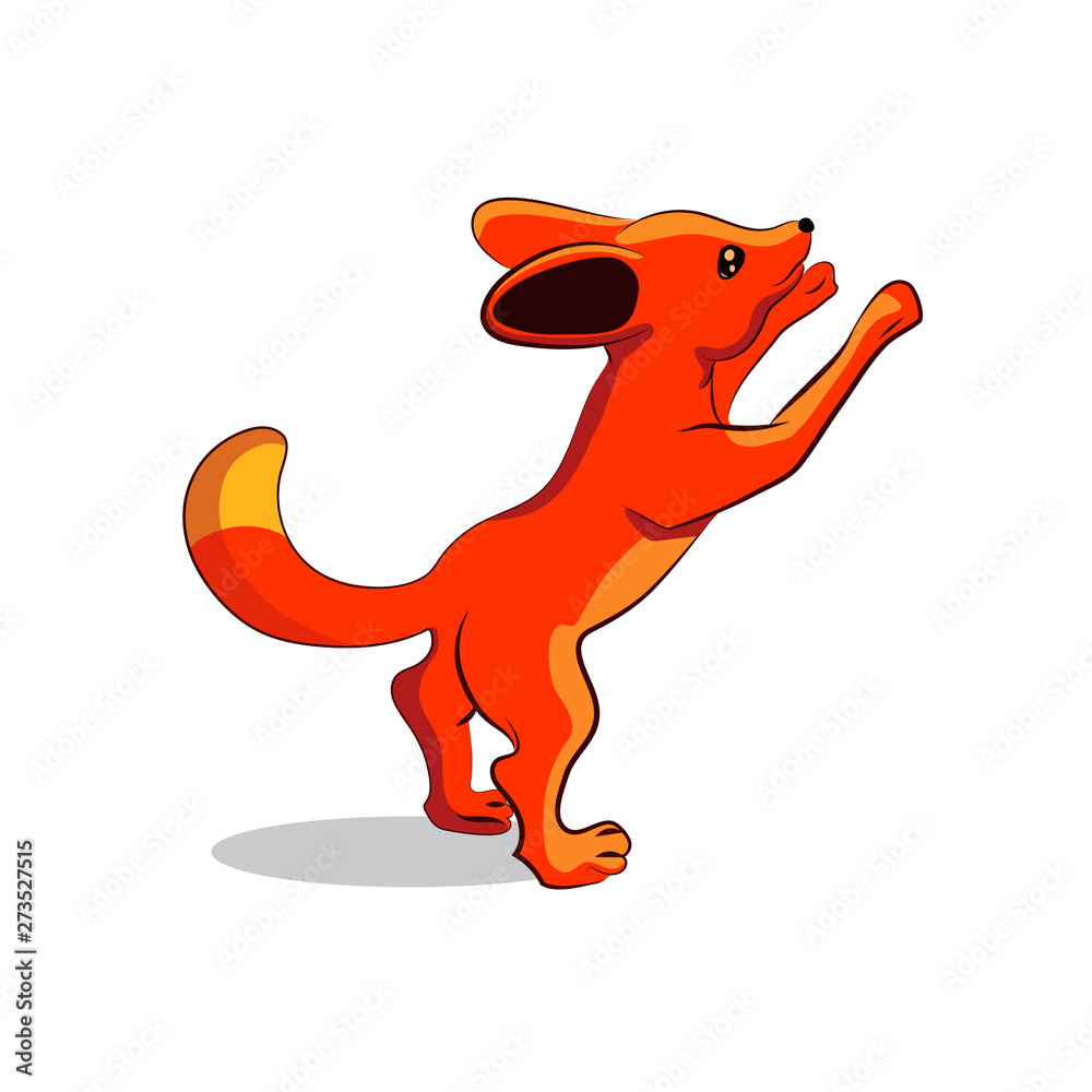 Naklejka Isolated cartoon jumping fennek vector illustration. Bright orange fur, little foxy standing on hind legs