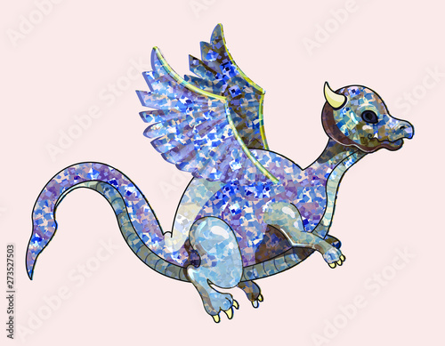 Isolated illustration with flying diamond skin dragon. Brilliant wings, little horns, bright sapphire childish character. Mythical creature on white back, little fantasy beast with angel wings.